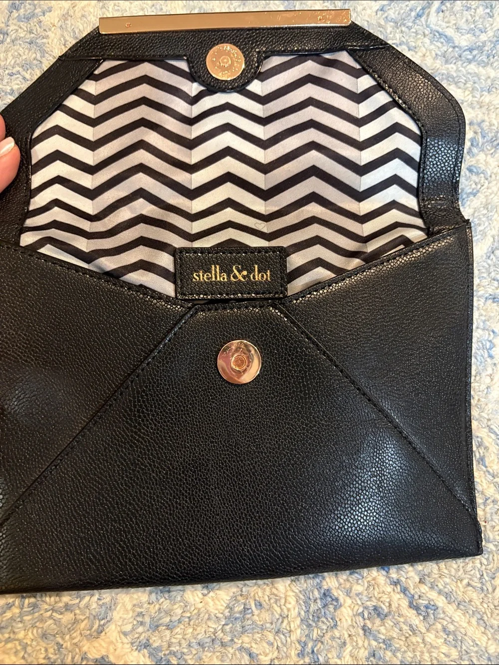 Stella & Dot Black Leather Wristlet with Gold Accent Bar